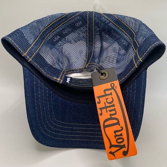 NWT New! VON DUTCH NAVY BLUE STONE DENIM TRUCKER HAT w/RHINESTONE LOGO. main image 6